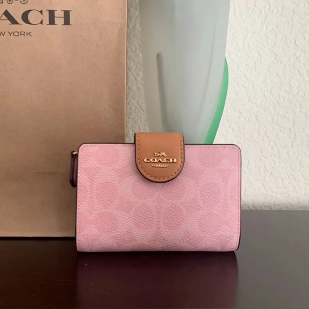 Coach Powder Pink Medium Corner Zip Wallet In Signature Canvas